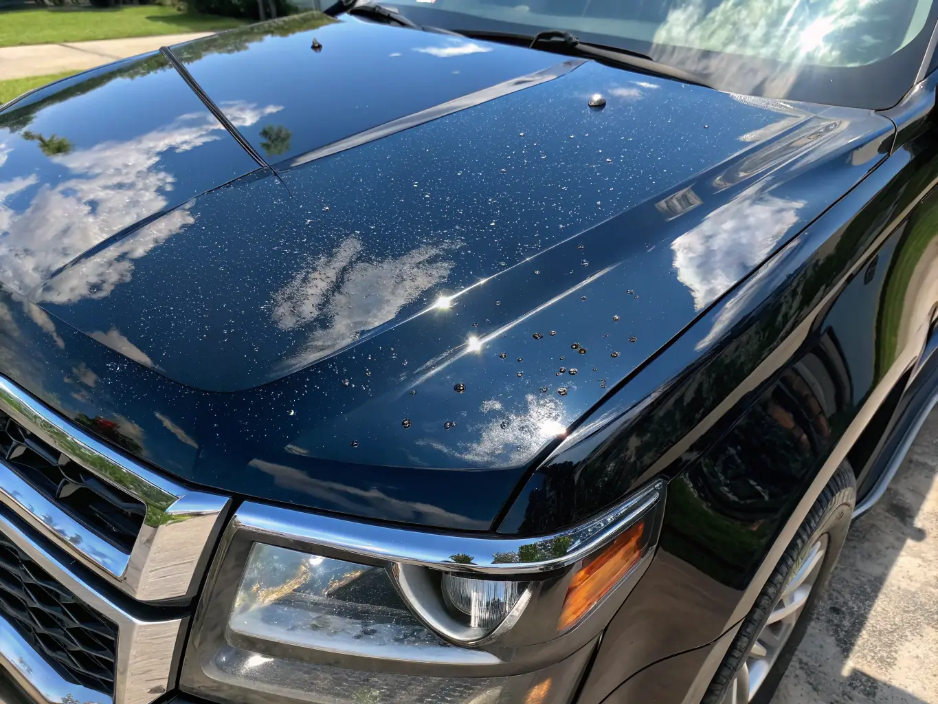 A detailed image of water beading on a car's surface treated with Ceramic Pro, demonstrating its hydrophobic properties and long-lasting shine.
