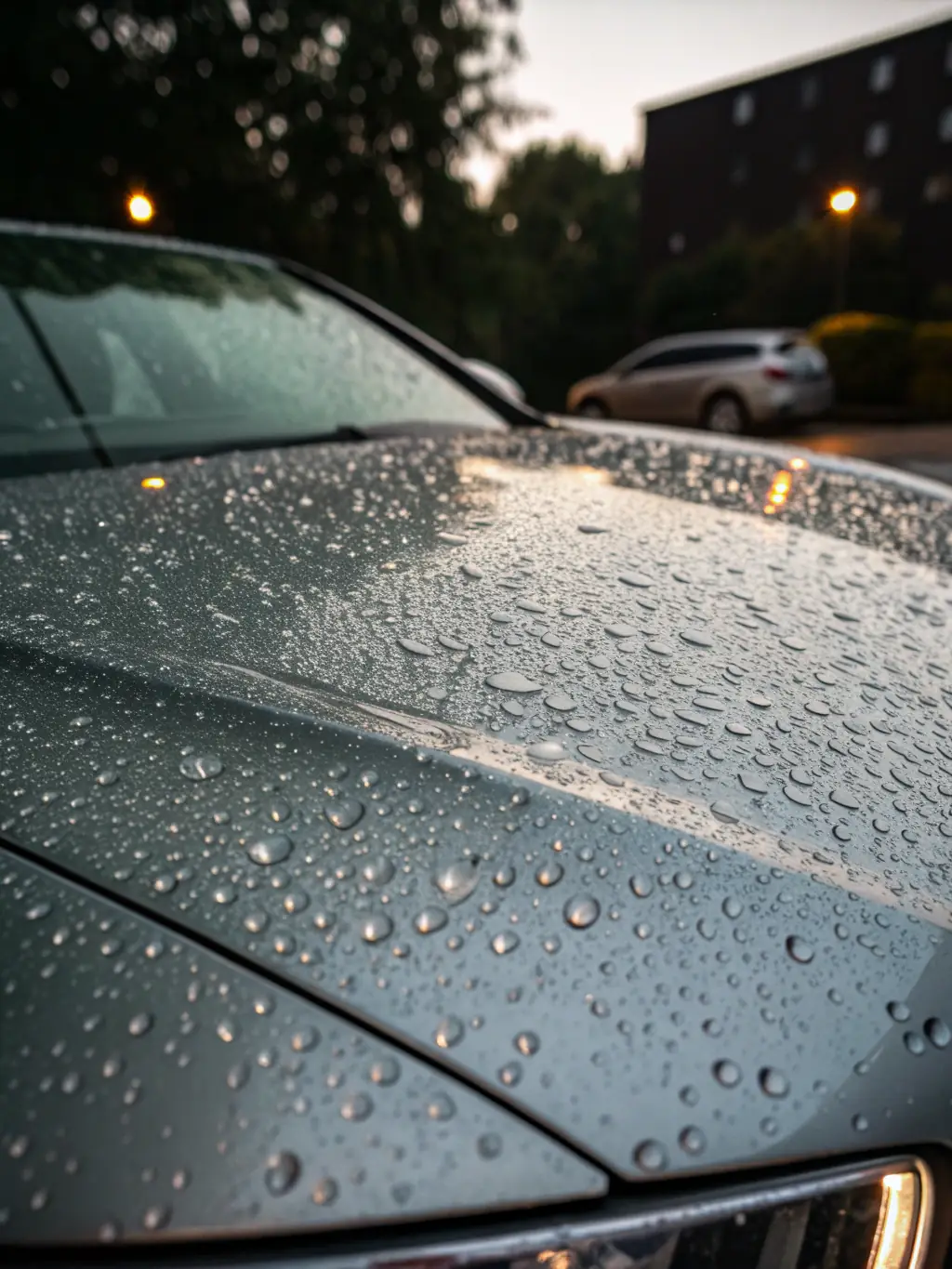 A shiny, reflective car surface with water beading on the ceramic coating, highlighting its protective qualities after application by Chicago Auto Spa.