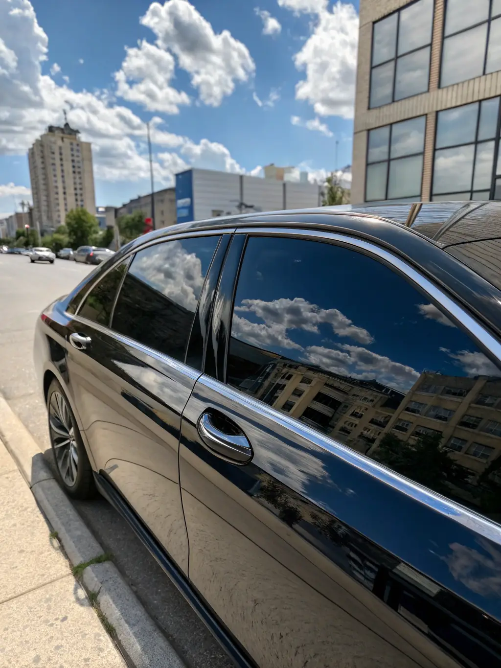 A sleek car with tinted windows reflecting sunlight, showcasing the clarity and quality of the window tint provided by Chicago Auto Spa.